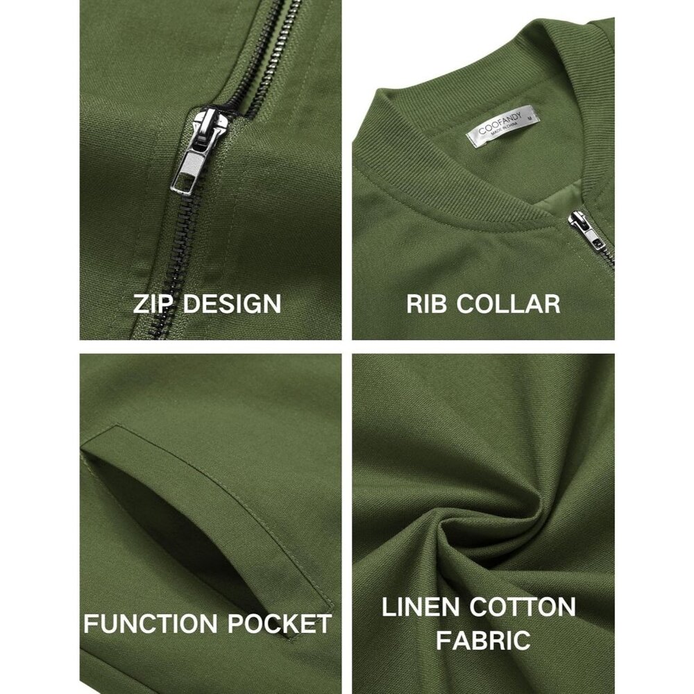 Men's Casual Cotton Bomber Jacket Army Green Lightweight Flight Softshell - Picture 5 of 5